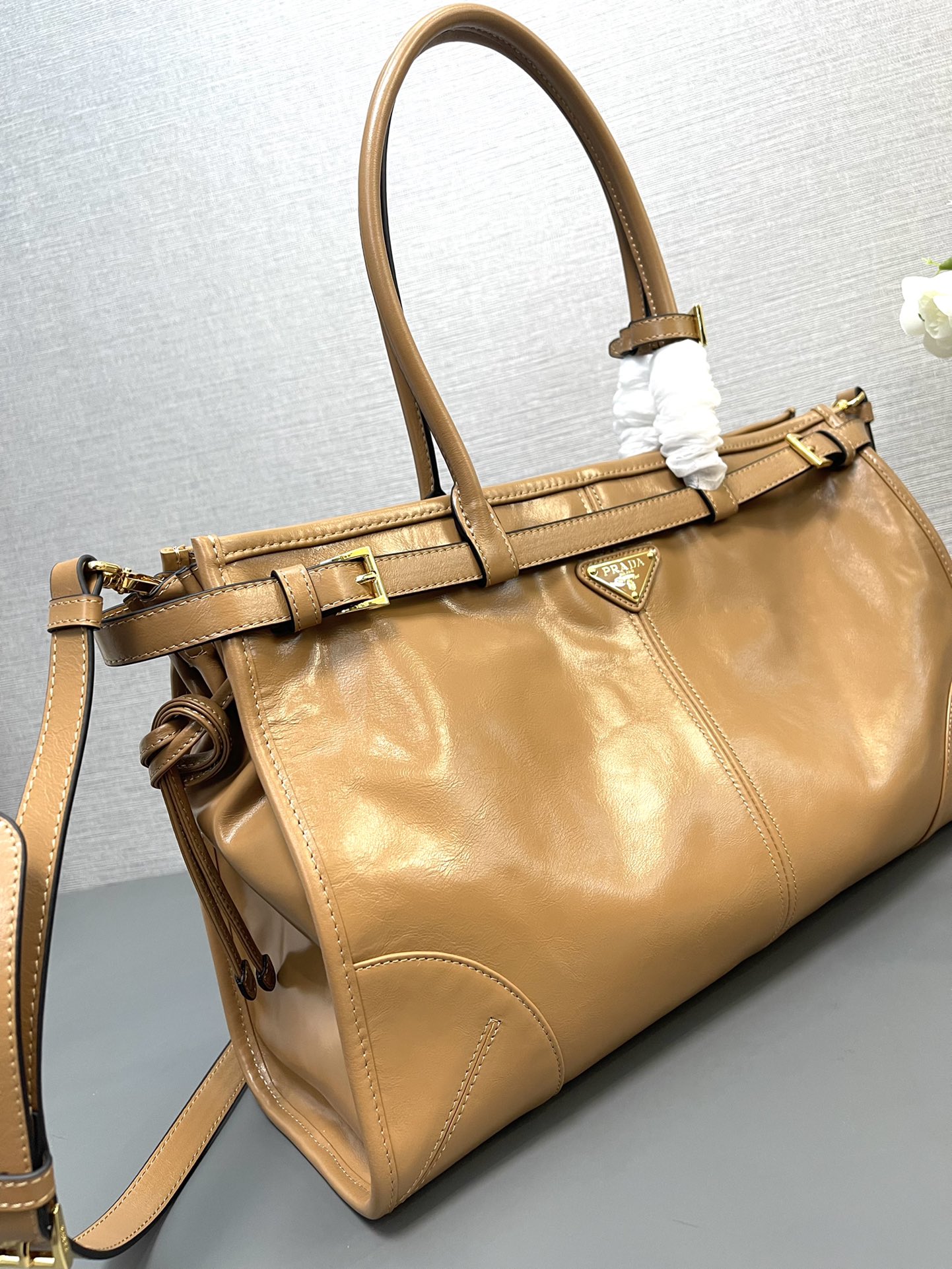 Prada Large LusSolf Leather Handbag Bag Tote Camel 1BA433